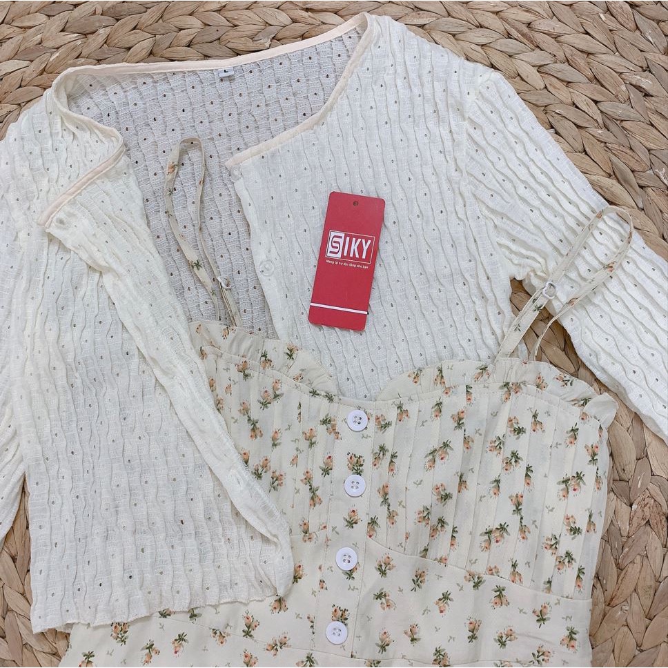 Váy Hai Dây Hoa Nhí/ Áo Khoác Cardigan Mỏng Phong Cách Hàn Quốc VH03