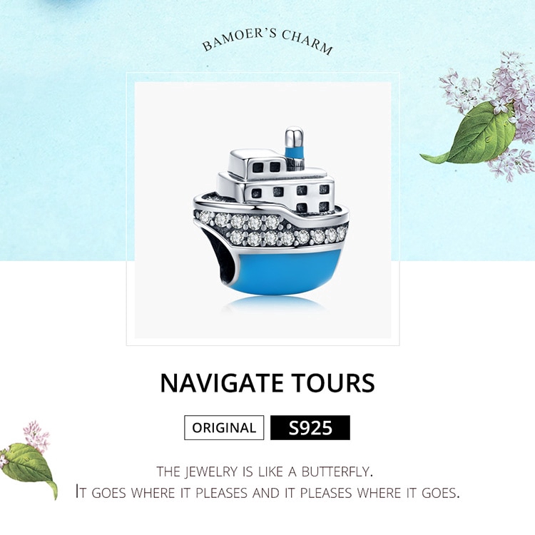 Hạt trang sức Bamoer SCC1379 bằng bạc 925 hình tàu du lịch dùng làm trang sức vòng tay thời trang 3mm