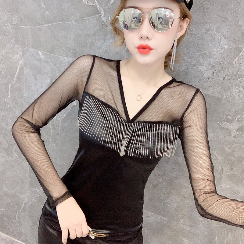 Áo lưới trong suốt tay dài cổ chữ V phối tua rua gợi cảm size M-3XL cho nữ