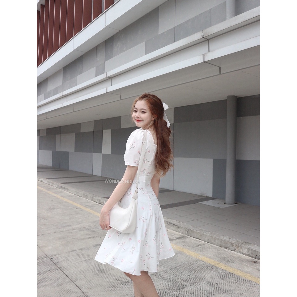 Đầm thiết kế Wonderhouse dáng dài cổ tim vải lụa in dạo phố, công sở dễ thương - Lyly dress