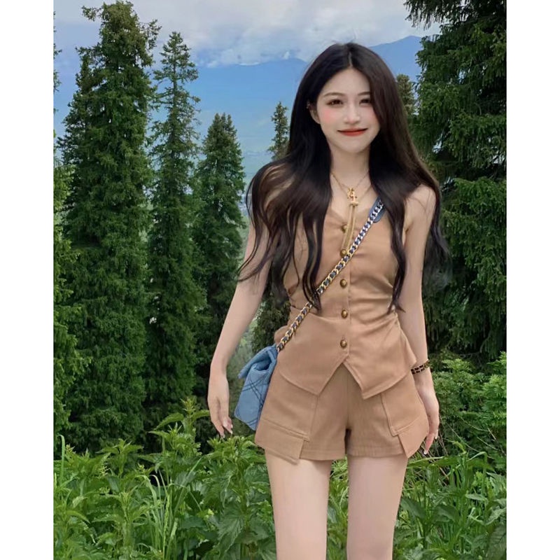 2022 summer fashion hot girls wear chest button vest female minority slim blouse + suit shirt and shorts set