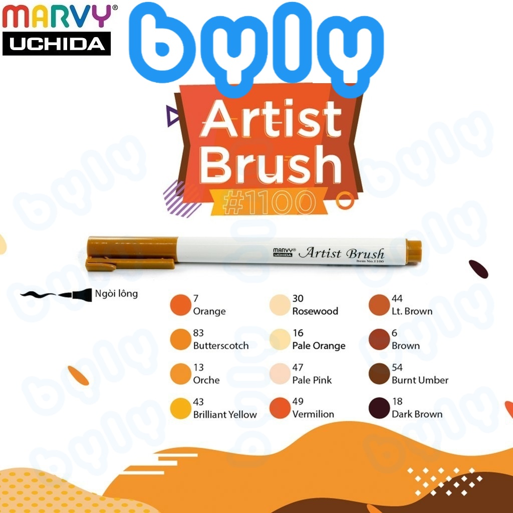 [Ship hỏa tốc] Artist brush [tone nâu cam] - Bút lông đầu cọ mảnh Marvy 1100 - ByLy Store