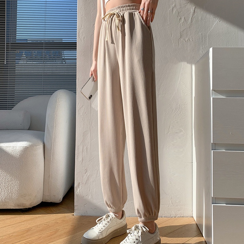 Brroa Quần Jogger Dài Tới Mắt Cá Chân Eo Cao Bằng Lụa Lạnh Có Gân Và Dây Rút Cho Nữ