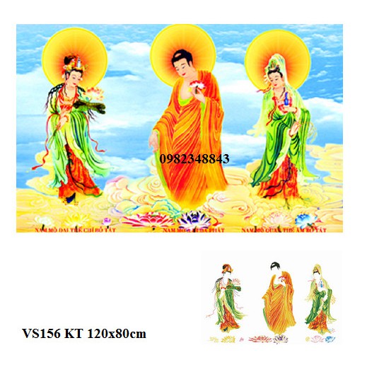 Tranh đính đá tam thế phật KT:120x80cm. Tranh gắn đá tự đính.
