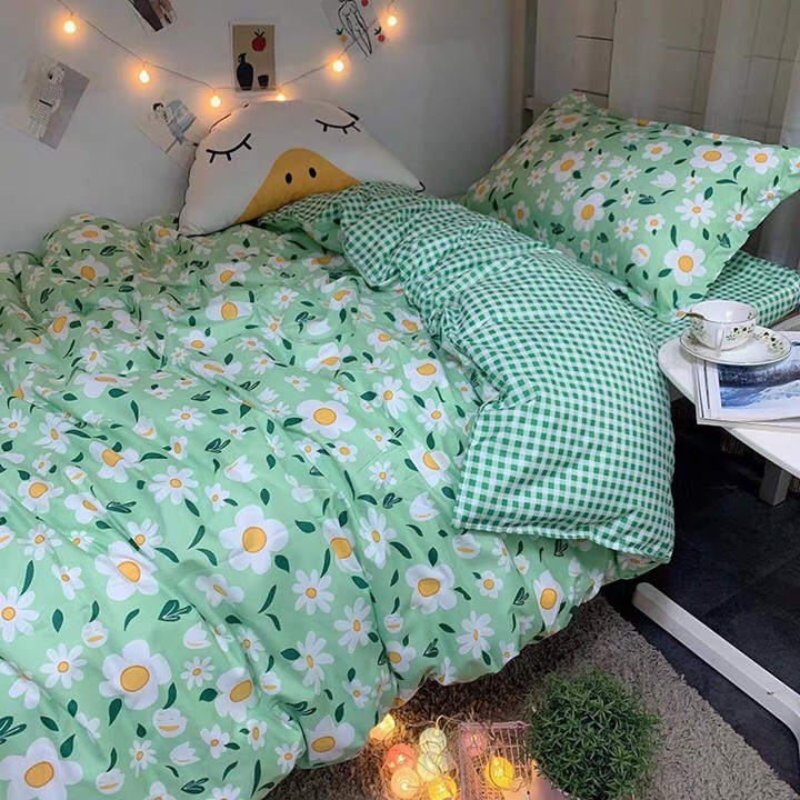Bộ chăn ga gối drap giường chất cotton poly họa tiết bông nhí xanh
