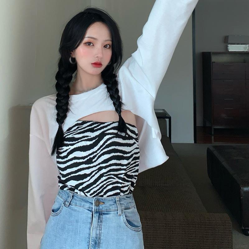 Set áo ngắn họa tiết sọc ngựa vằn kèm áo khoác ngoài tay dài thời trang nữ