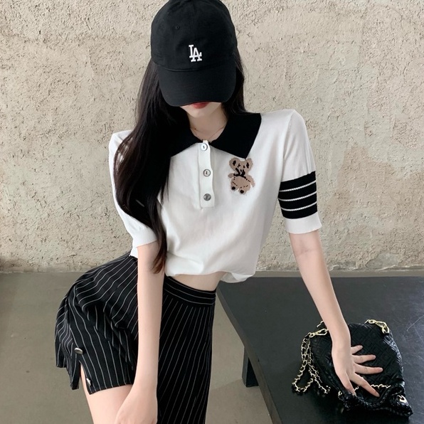 【Hana and Alice】Áo Thun POLO Dệt Kim Tay Ngắn Thêu Hình Gấu Dễ Thương