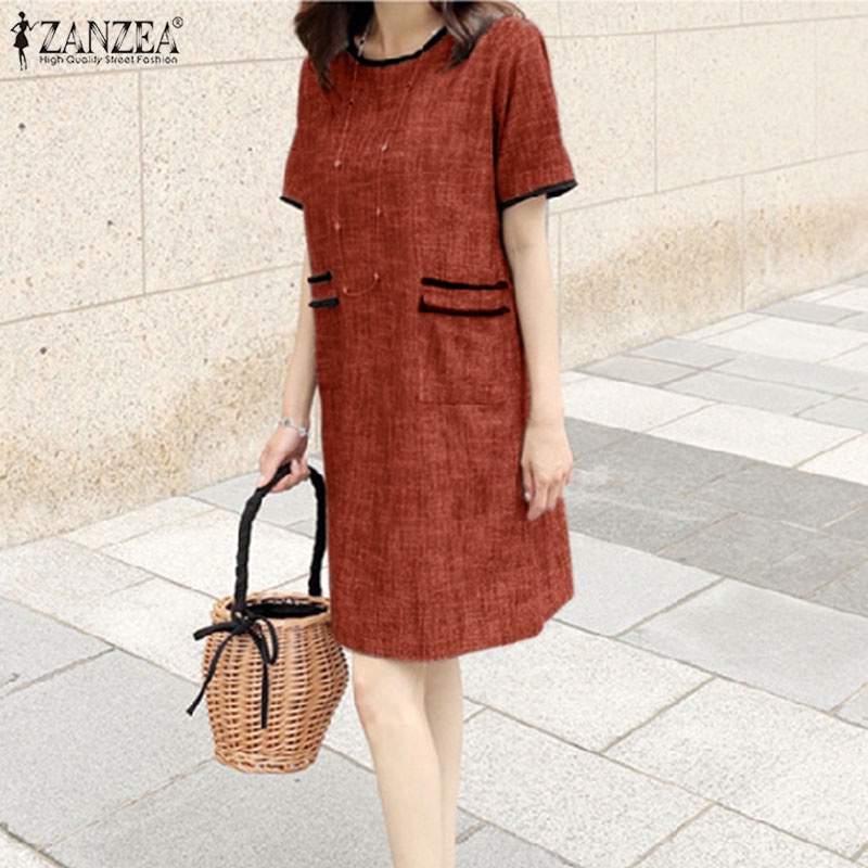Đầm midi ZANZEA tay ngắn cổ tròn màu trơn thời trang cho nữ