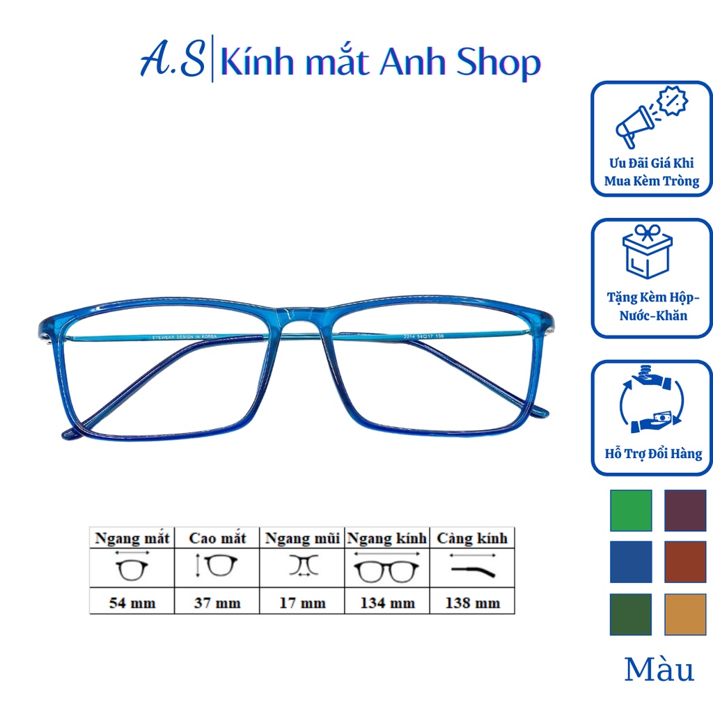 Kính vuông gọng tăm thanh mảnh chất liệu nhựa kết hợp kim loại 2214