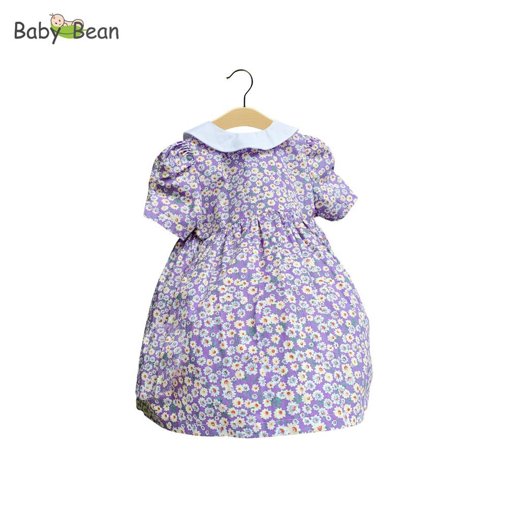 Đầm Cotton Hoa Tím tay Phồng cổ Học Sinh bé gái BabyBean