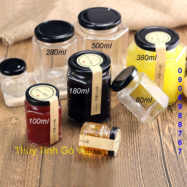 Bộ 2 Hũ thủy tinh lục giác nắp thiếc 280ml - Lọ lục giác