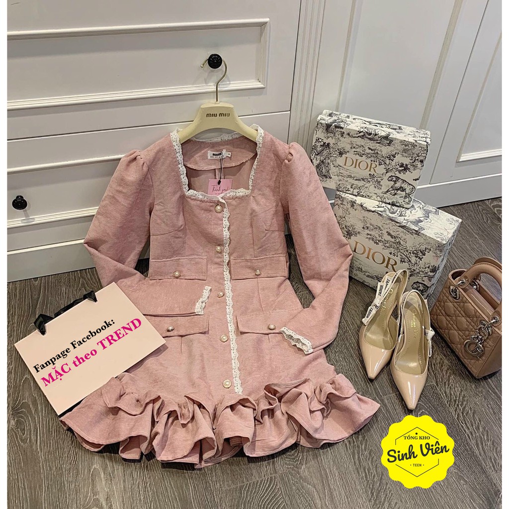 [Hàng chuẩn] Váy Nhung Tăm 👗Viền Ren Màu Hồng Đuôi Cá, Váy Nhung Đuôi Cá Phong Cách Hàn Quốc | BigBuy360 - bigbuy360.vn