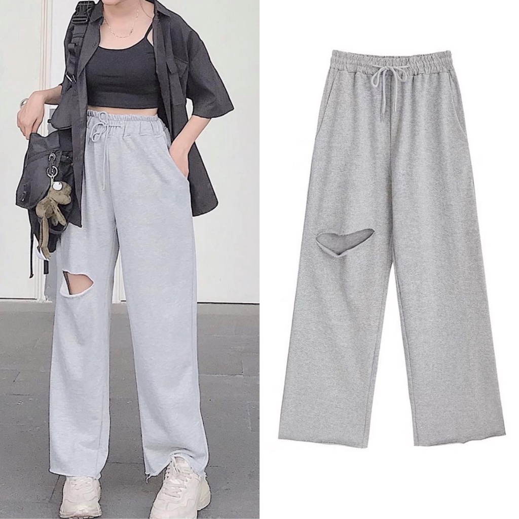 Quần Nỉ Ống Rộng Rách Gối IRU Unisex_ZoZo