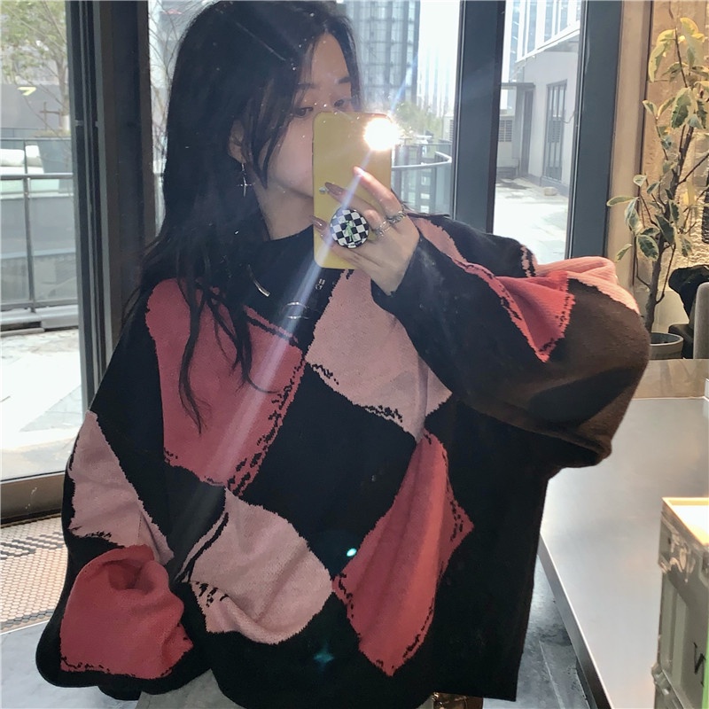 Xiaozhainv Áo sweater tay dài dáng rộng họa tiết caro phong cách hoài cổ Hàn Quốc thanh lịch cho nữ có 2 màu tùy chọn | BigBuy360 - bigbuy360.vn