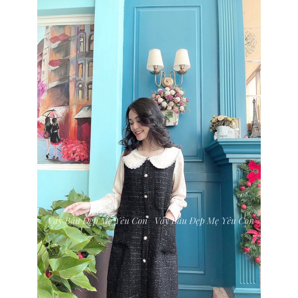 Đầm bầu công sở Váy bầu đẹp dạ tweed khuy dọc dáng suông MYC 7M