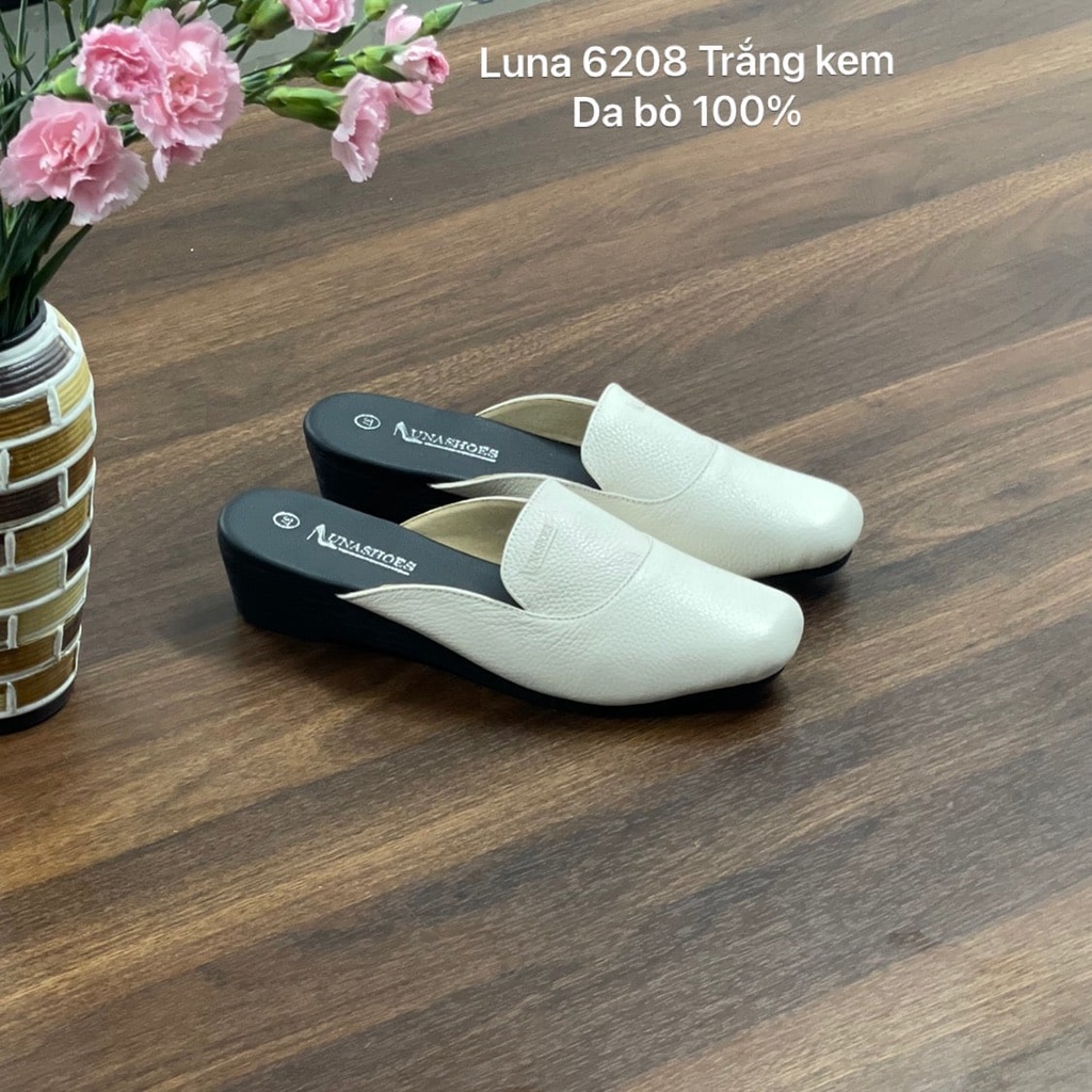 Sục da nữ 3p LUNASHOES 6208 dép cho mẹ màu đen nâu trắng da bò 100% cao 3 phân bảo hành 24 tháng đi êm chân dễ phối đồ