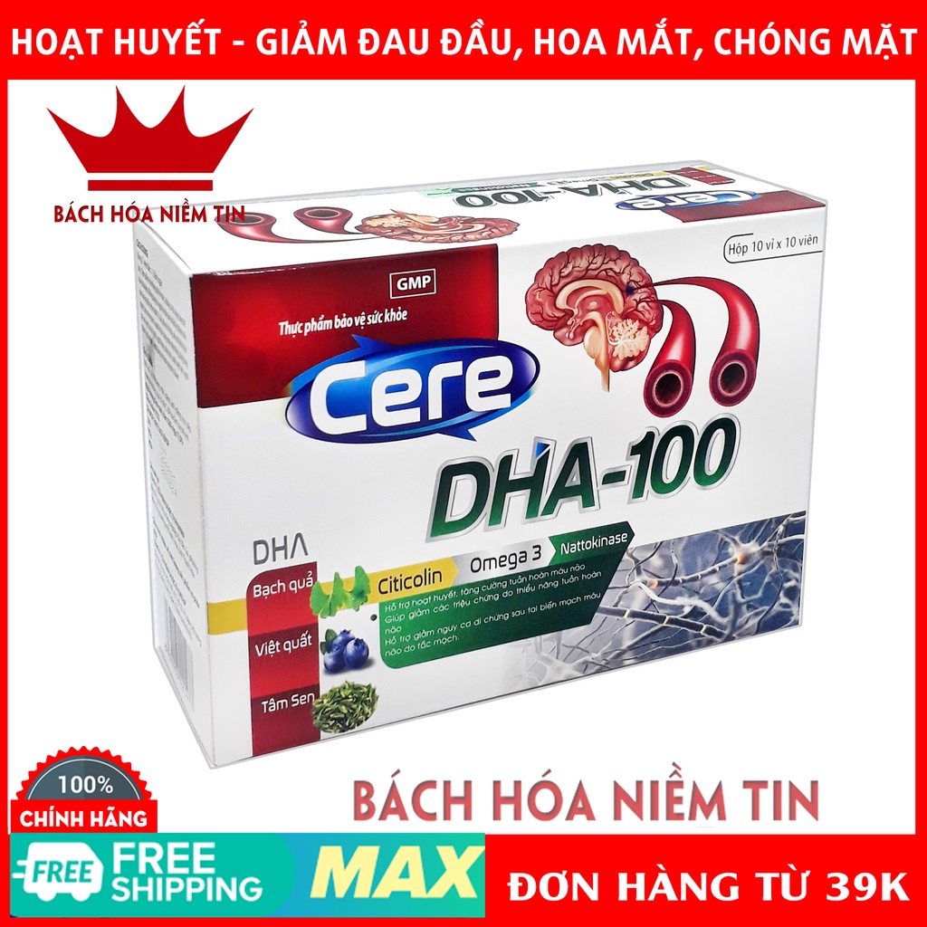 Hoạt huyết dưỡng não CERE DHA 100 - giảm đau đầu, hoa mắt, chóng mặt, rối loạn tiền đình - Hộp 100 viên