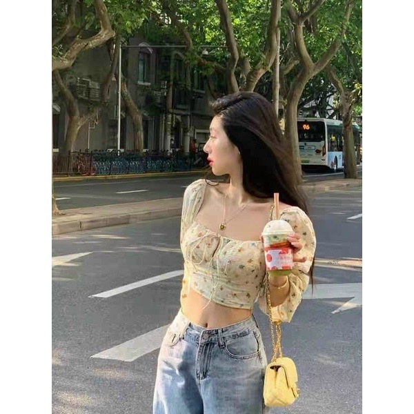 A16 Áo Croptop Kiểu Nữ Bánh Bèo 21Room Cổ Vuông Hoa Nhí Tay Dài Rút Ngực Sexy Cực Xinh