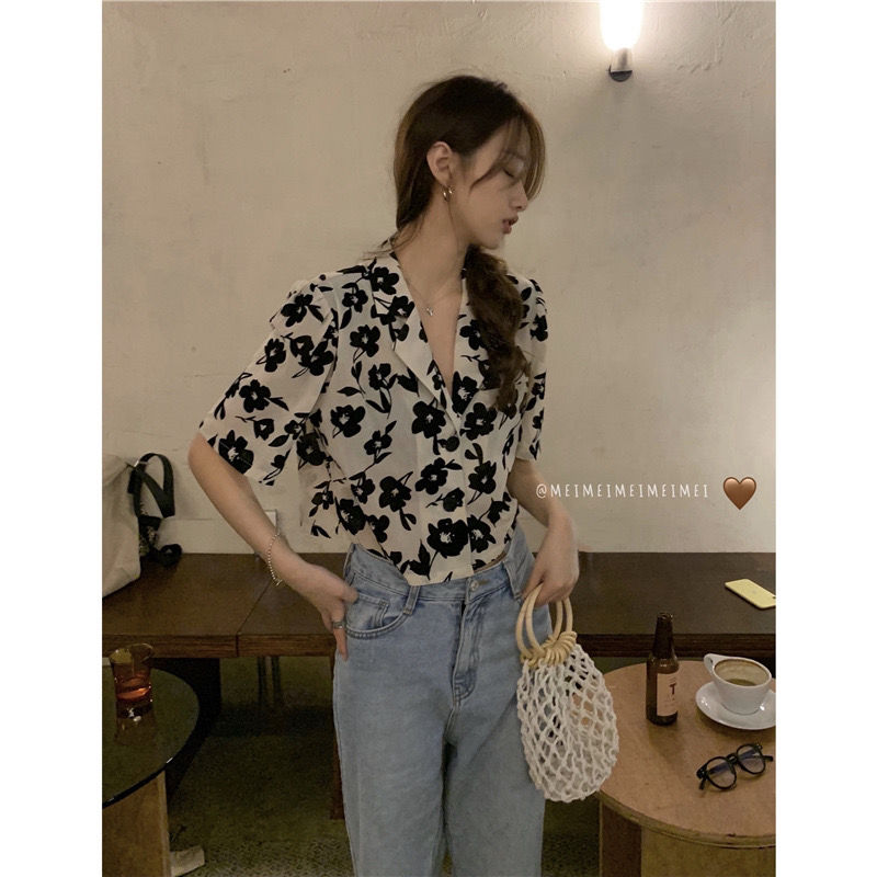 Hong Kong-style girl gentle retro flower slim lapel shirt woman