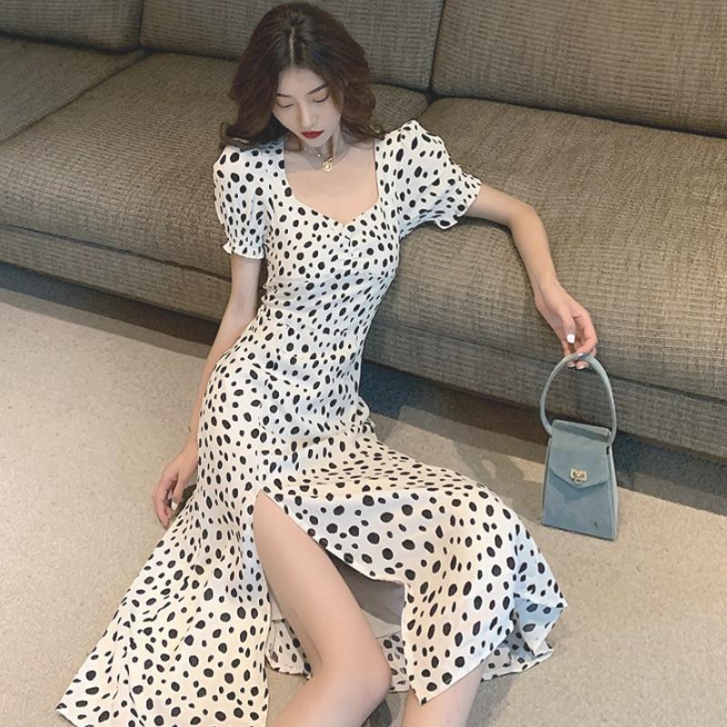 Đầm Dài Cổ Chữ U Họa Tiết Chấm Bi Xẻ Tà Thời Trang Cho Nữ A flower dress | BigBuy360 - bigbuy360.vn