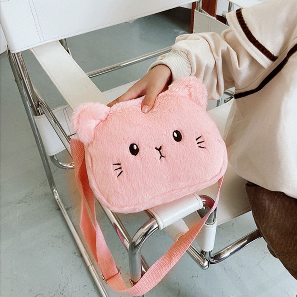 Túi đeo vải lông nhung mềm hình mèo hoạt hình dễ thương thời trang cho bé gái