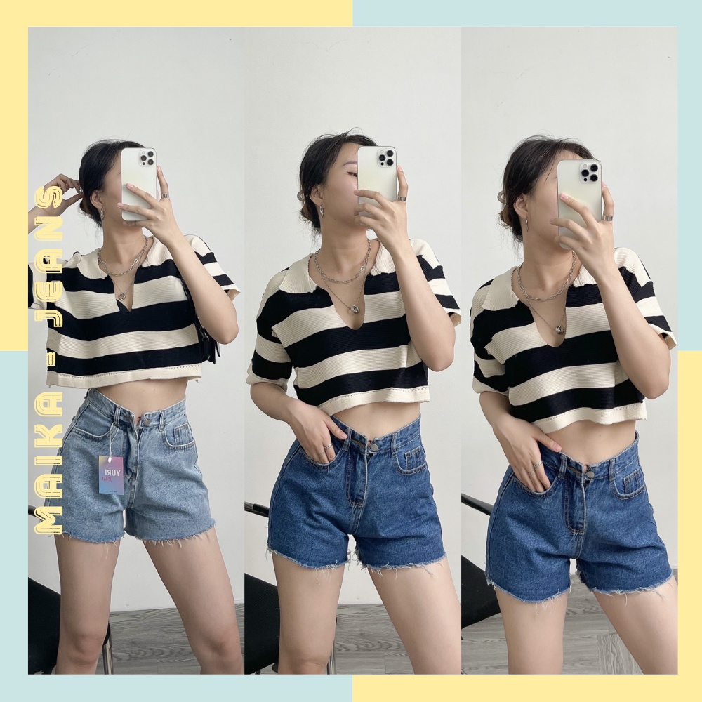 (freeship) Quần Đùi Nữ Lưng Cao Mẫu Trơn 2 Màu Xanh ,Đen Rách Lai Shop MaiKa Jeans
