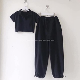 Set áo crop cổ bẻ+ quần thun bo gấu