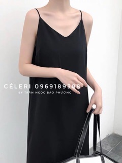 Váy hai dây đen basic xẻ 1 bên dáng xuông