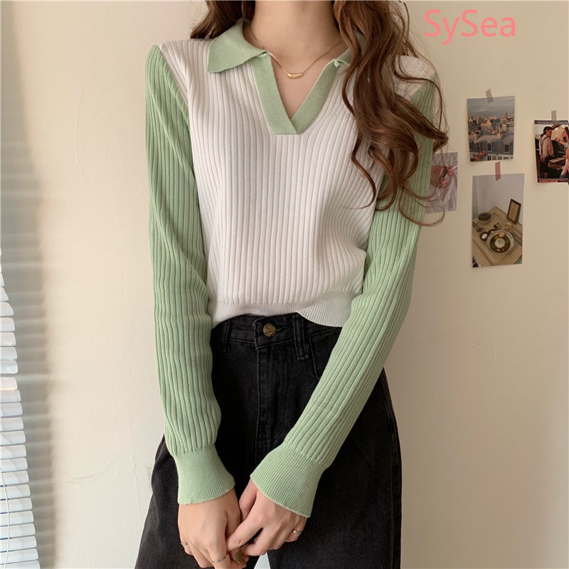 Áo sweater dài tay màu tương phản phong cách mùa thu Hàn Quốc cho nữ