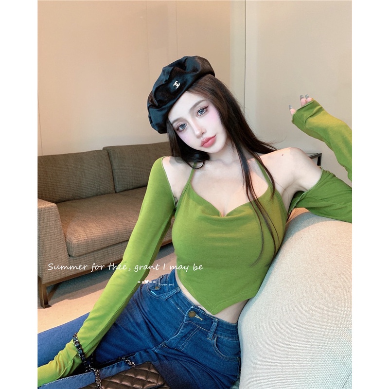 Set áo yếm mỏng và áo khoác choàng tay dài dáng ngắn phong cách Hàn Quốc thời trang dành cho nữ (Có bán lẻ)