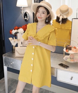 Đầm vàng cổ bèo nút trắng (kèm hình thật)