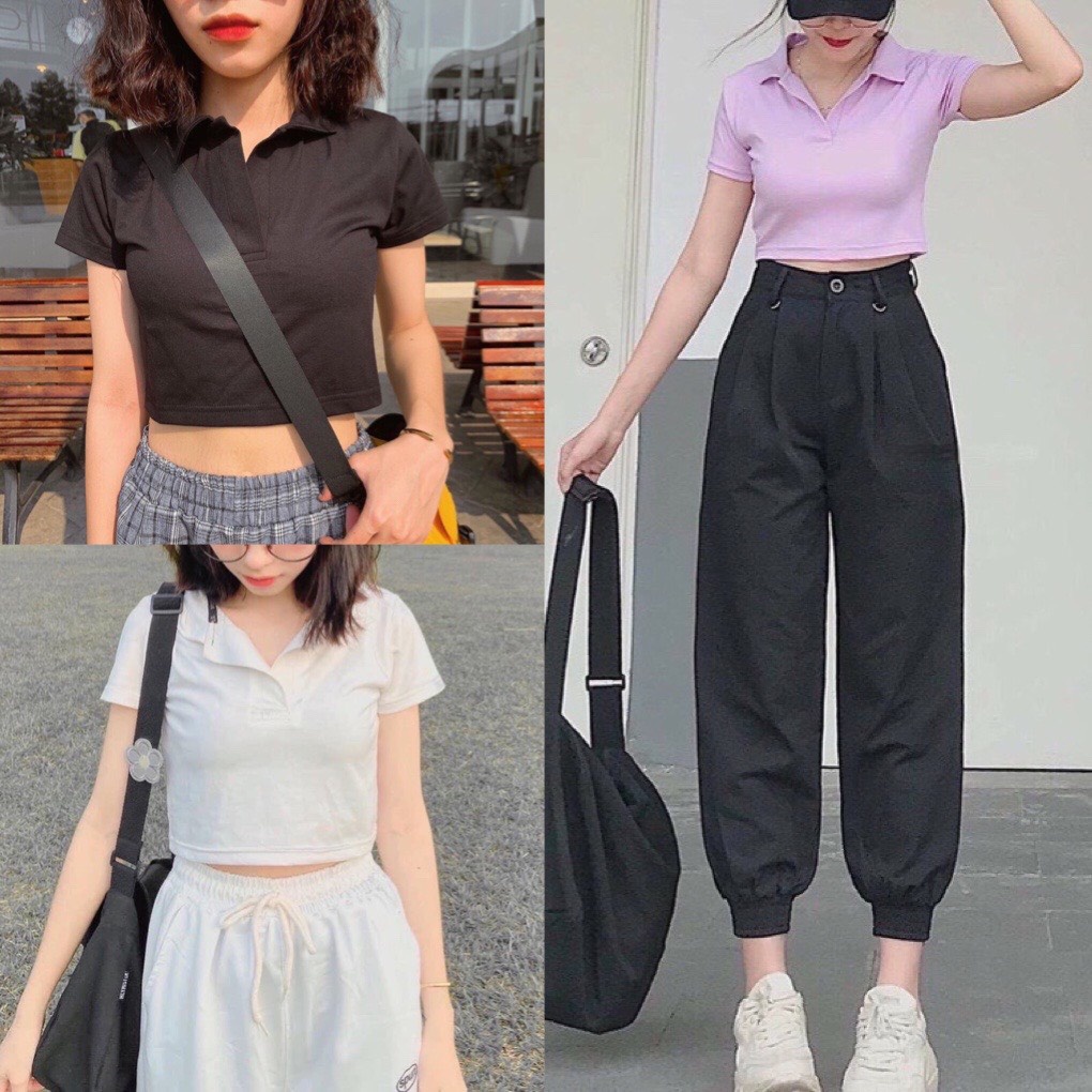 Áo croptop có cổ ngắn tay kiểu ôm body Madela