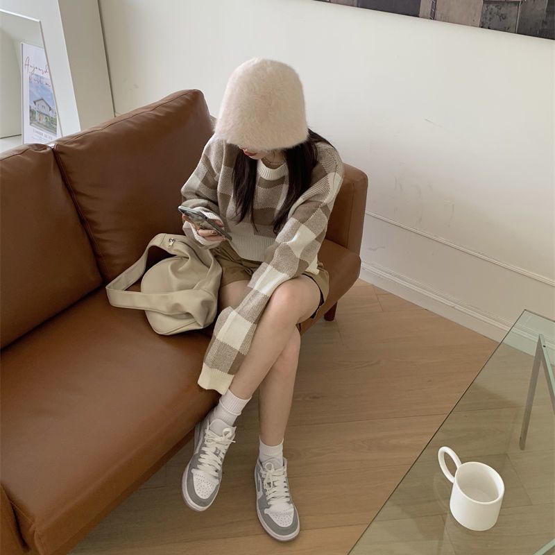 COZOK Áo Sweater Tay Dài Dáng Rộng Sọc Ca Rô Phối Màu Tương Phản Cá Tính Thời