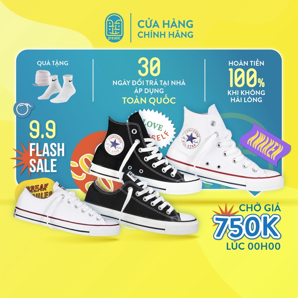 Giày Converse chính hãng bản CLASSIC, cổ cao cổ thấp, màu đen trắng cho nam nữ Present Original Sneakers