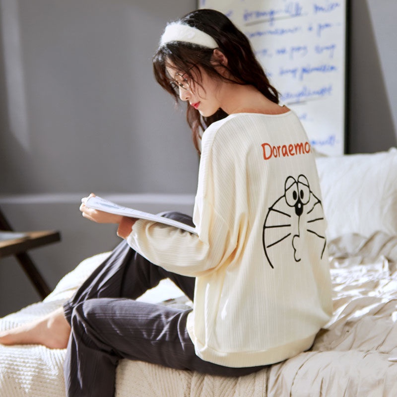 Bộ đồ ngủ tay dài 100% cotton in họa tiết hoạt hình ngọt ngào thời trang xuân thu cho nữ