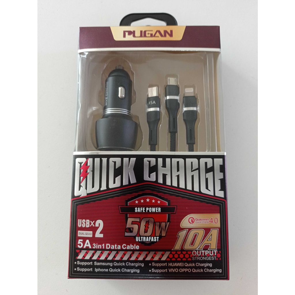 Tẩu sạc siêu nhanh Quick Charge 4.0, PUGAN 10A, 50W, 12-24V, 2 cổng USB, dây 3 đầu sạc dùng cho mọi loại oto