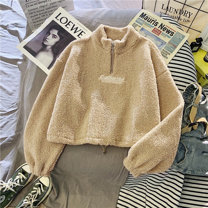 Áo khoác hoodie len lông cừu nỉ bông mềm dày ấm có khóa cổ phong cách Hàn Quốc mẫu mới 2021 | BigBuy360 - bigbuy360.vn