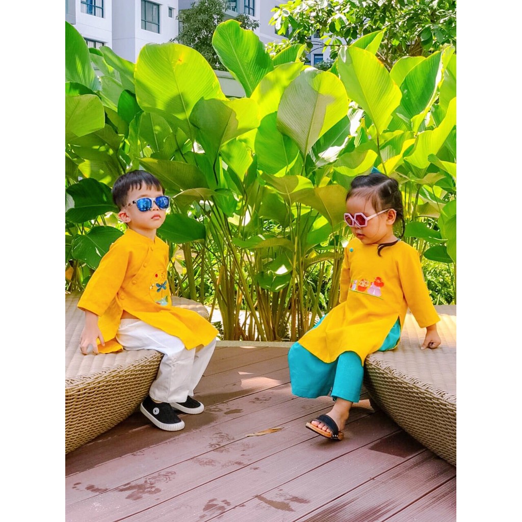 Áo Dài Trẻ Em Linen Vàng Thêu Chuồn Chuồn