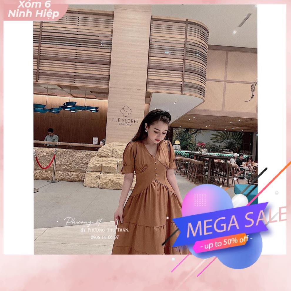[FREESHIP] Váy Thô Cổ V Tay Bồng Cúc Ngực - Đầm Thô Tầng Dáng Dài MN | BigBuy360 - bigbuy360.vn