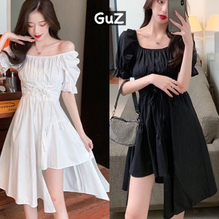 Đầm trễ vai lệch tầng chiết eo dáng suông đen, trắng/ Váy suông cổ vuông lệch tầng buộc eo guzfshion