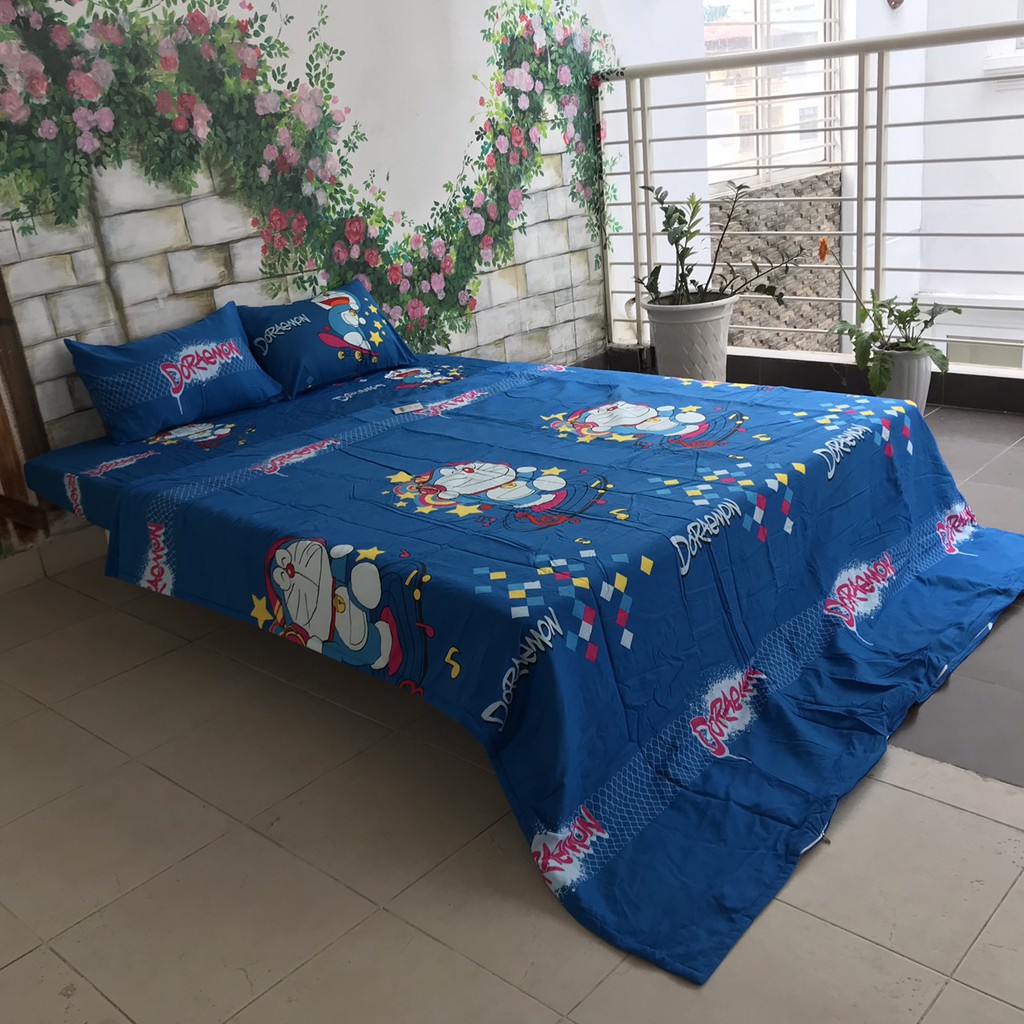 Bộ chăn ga gối  Sông Hồng 1.6m x 2m chất cotton, hình Doraemon