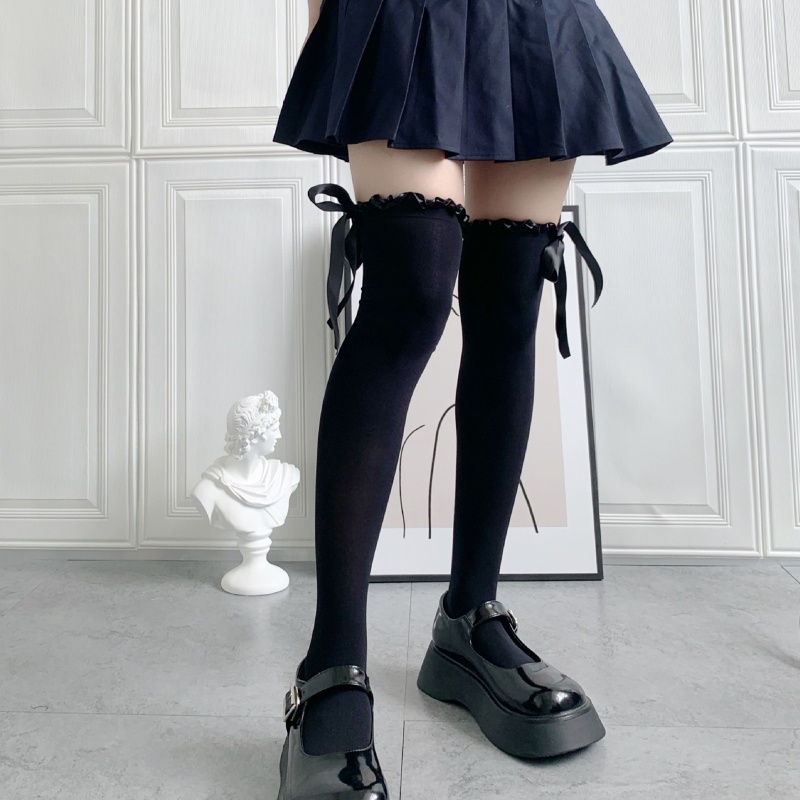 Vớ Dài Qua Gối Vải Satin Phối Ruy Băng Đính Nơ Phong Cách Nhật Bản 10MK