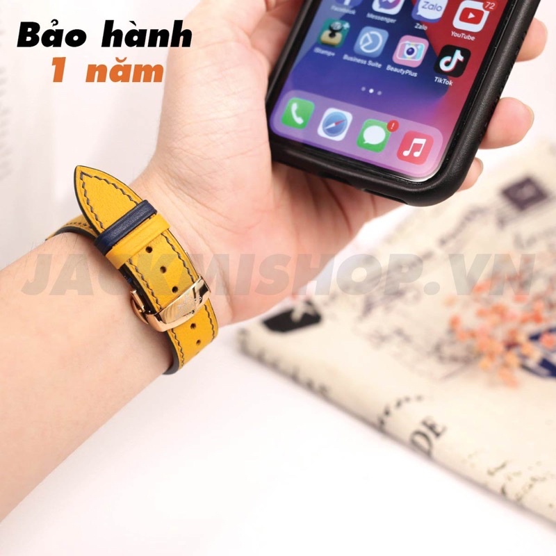 [BẢO HÀNH 1 NĂM] Dây Da BÊ SWIFT may tay thủ công màu Vàng chỉ Xanh Navy khóa Bướm cho Apple Watch series 1/2/3/4/5/6/7