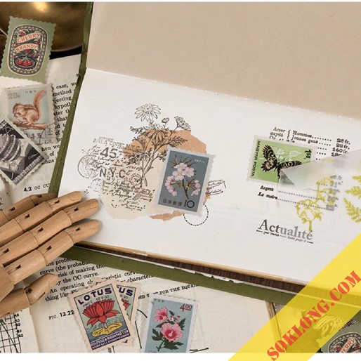 Bộ 46 tem dán phong cách Retro - Sticker hình tem dán trang trí soklong.com Buleet Journal