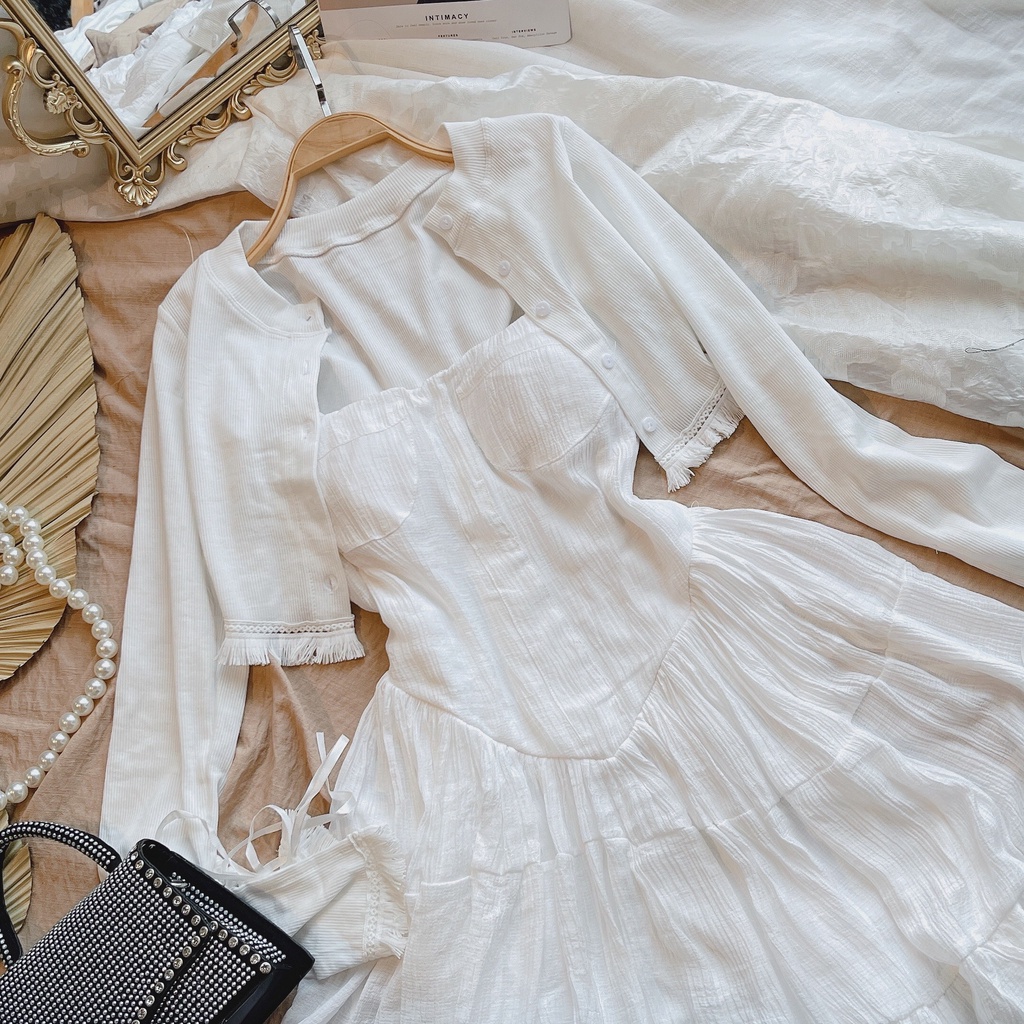 Set đầm 2 dây trắng chân bèo+khoác croptop 🖤 KÈM VIDEO TỰ QUAY 🖤