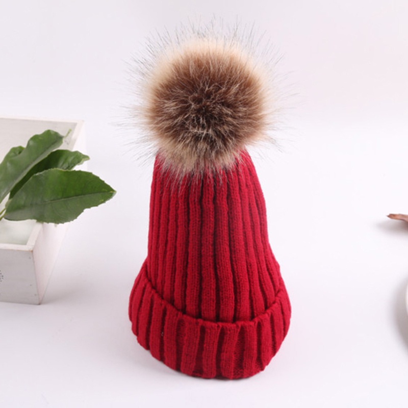 Mũ Beanie Dệt Kim Màu Trơn Đính Quả Bông Mềm Mại Thời Trang Mùa Đông Cho Nữ