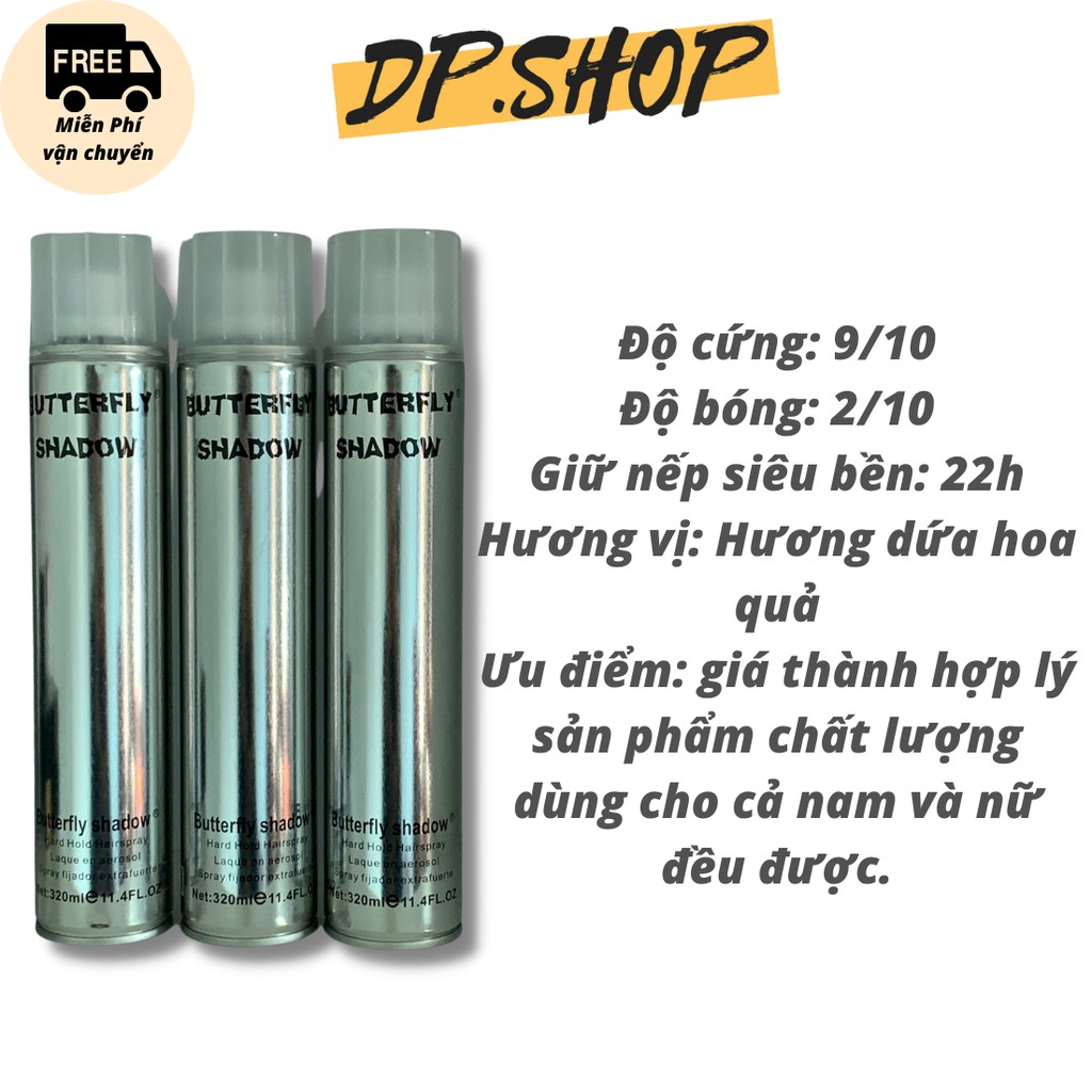 Gôm xịt tóc nam nữ tạo kiểu Butterfly Shadow 320ml siêu cứng giữ nếp L2