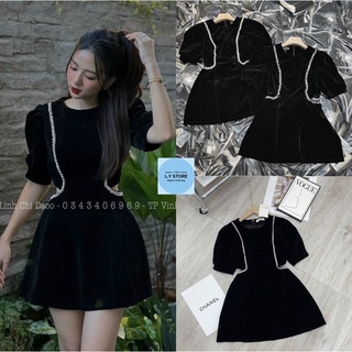 Sẵn hàng ảnh thật váy nhung tay bồng hở eo dây ngọc hot