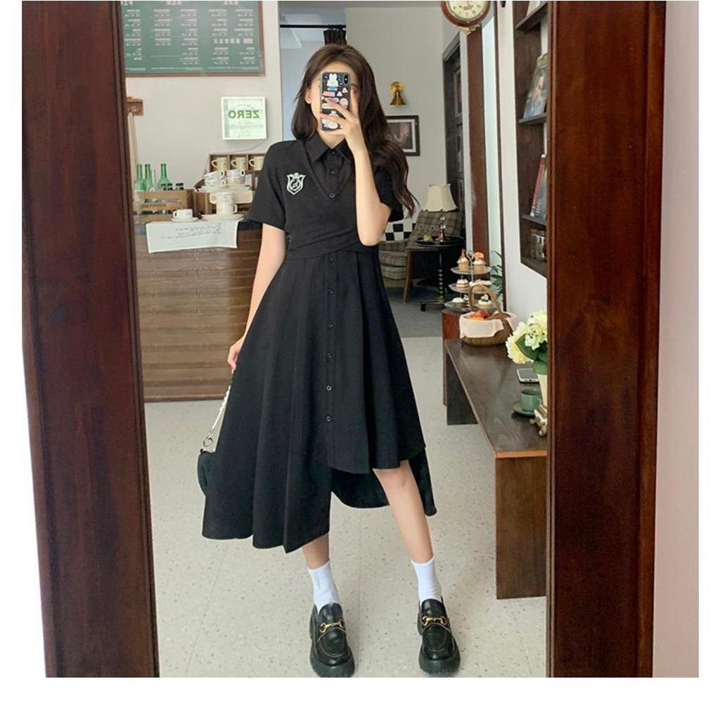 Váy đầm đen cổ sơ mi đuôi cao thấp cách điệu thắt eo phong cách Hàn Quốc