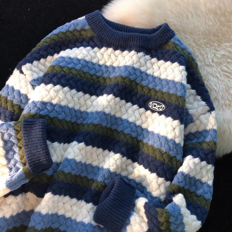 Áo Sweater Cổ Tròn Dáng Rộng Họa Tiết Kẻ Sọc Cầu Vồng Phong Cách Retro Thời Trang Mùa Thu Cho Cặp Đôi